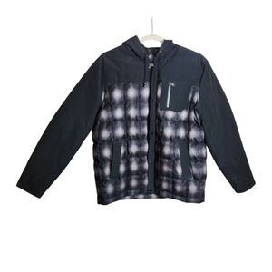 Pendleton Mens XL Hooded Down Puffer Jacket Plaid Quilted Mixed Media Black Gray